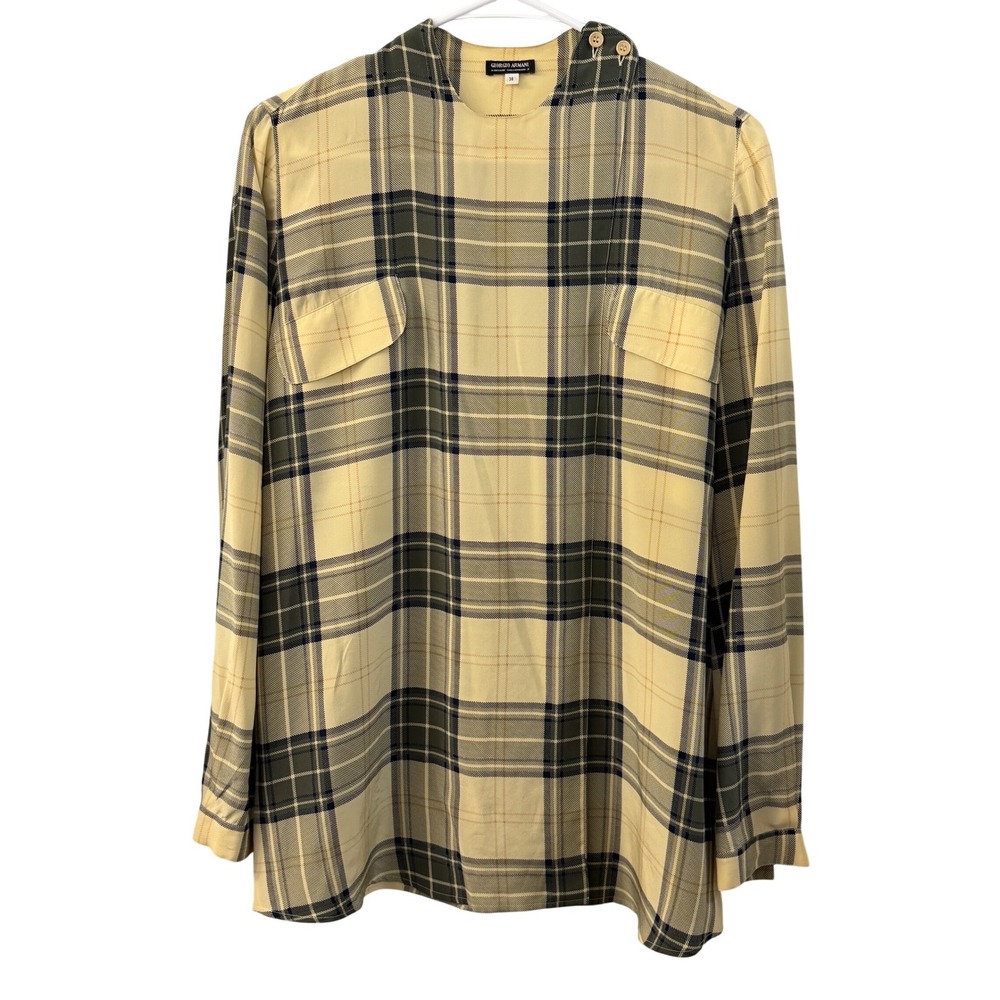 Vintage Giorgio Armani Yellow Plaid 100% Silk‎ Blouse Long Sleeve Italy 38